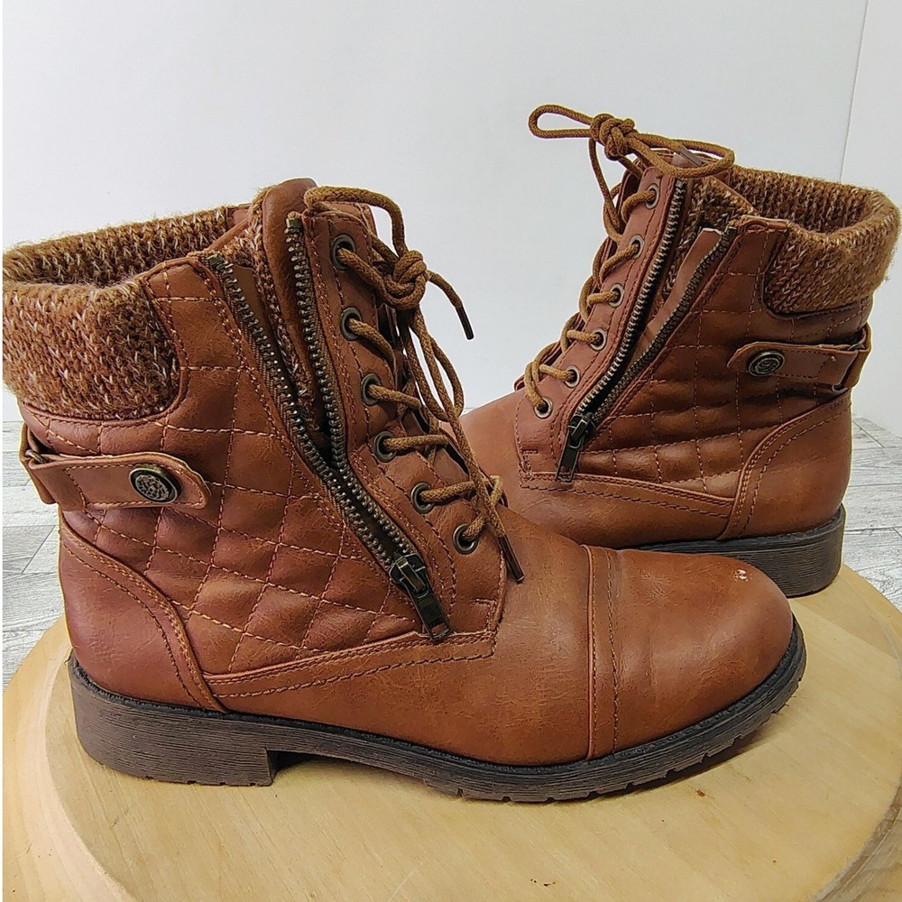 Fashion Combat‎ Ankle Boots Brown Quilted Knit Cuff Lace Up Buckle Womens 8